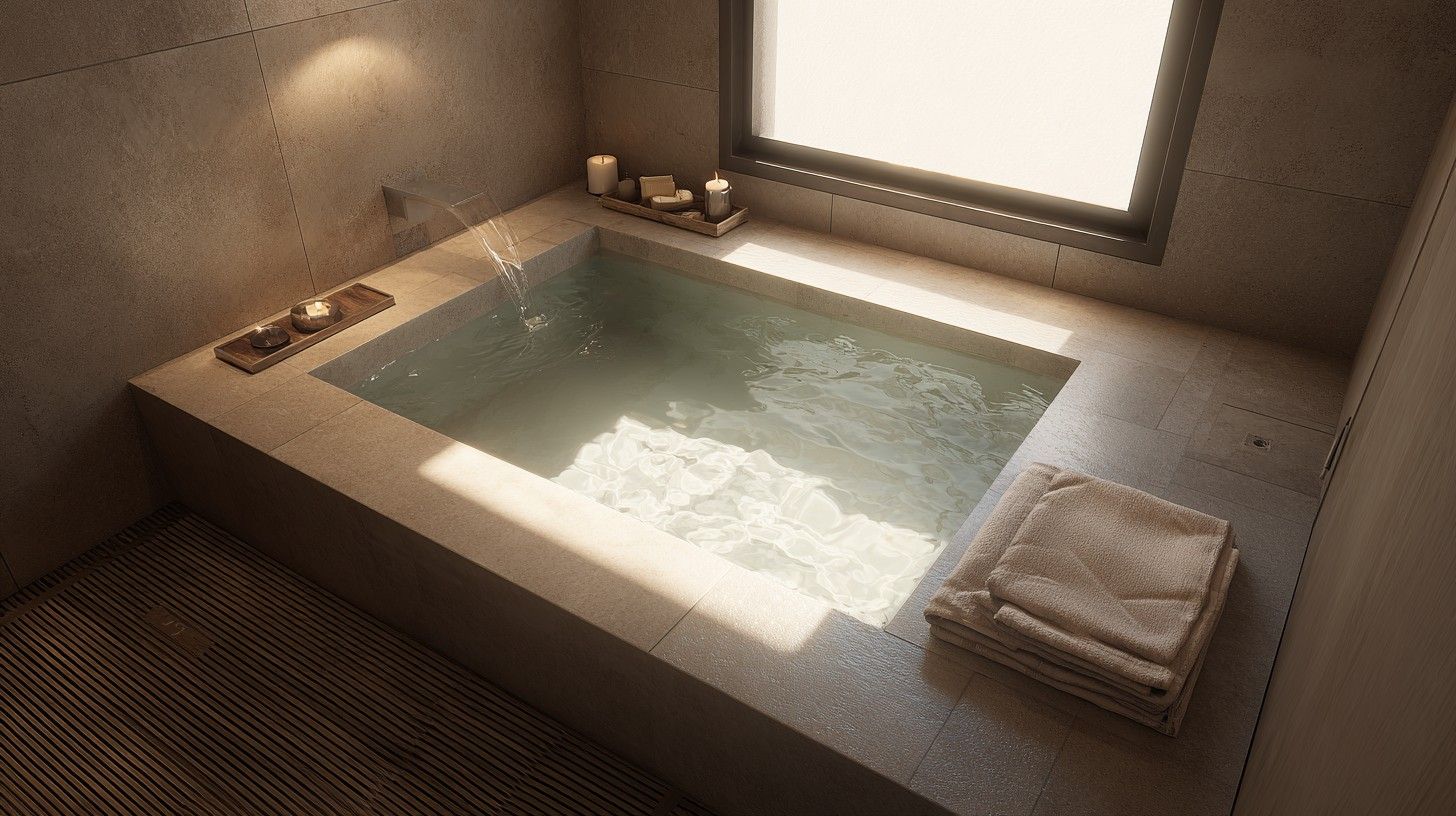  Japanese soaking tub with a shoulder water flow feature to relieve tight shoulders and a stiff neck