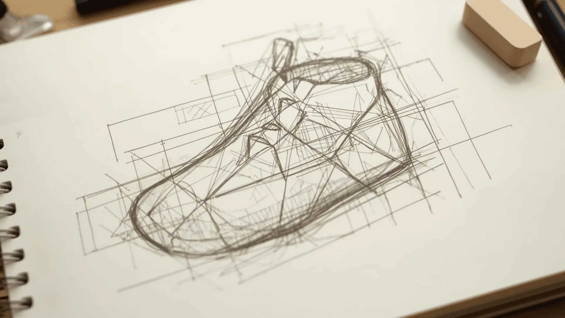 Object built from light circles and boxes on a sketchbook page, faint guides and early form refinement visible