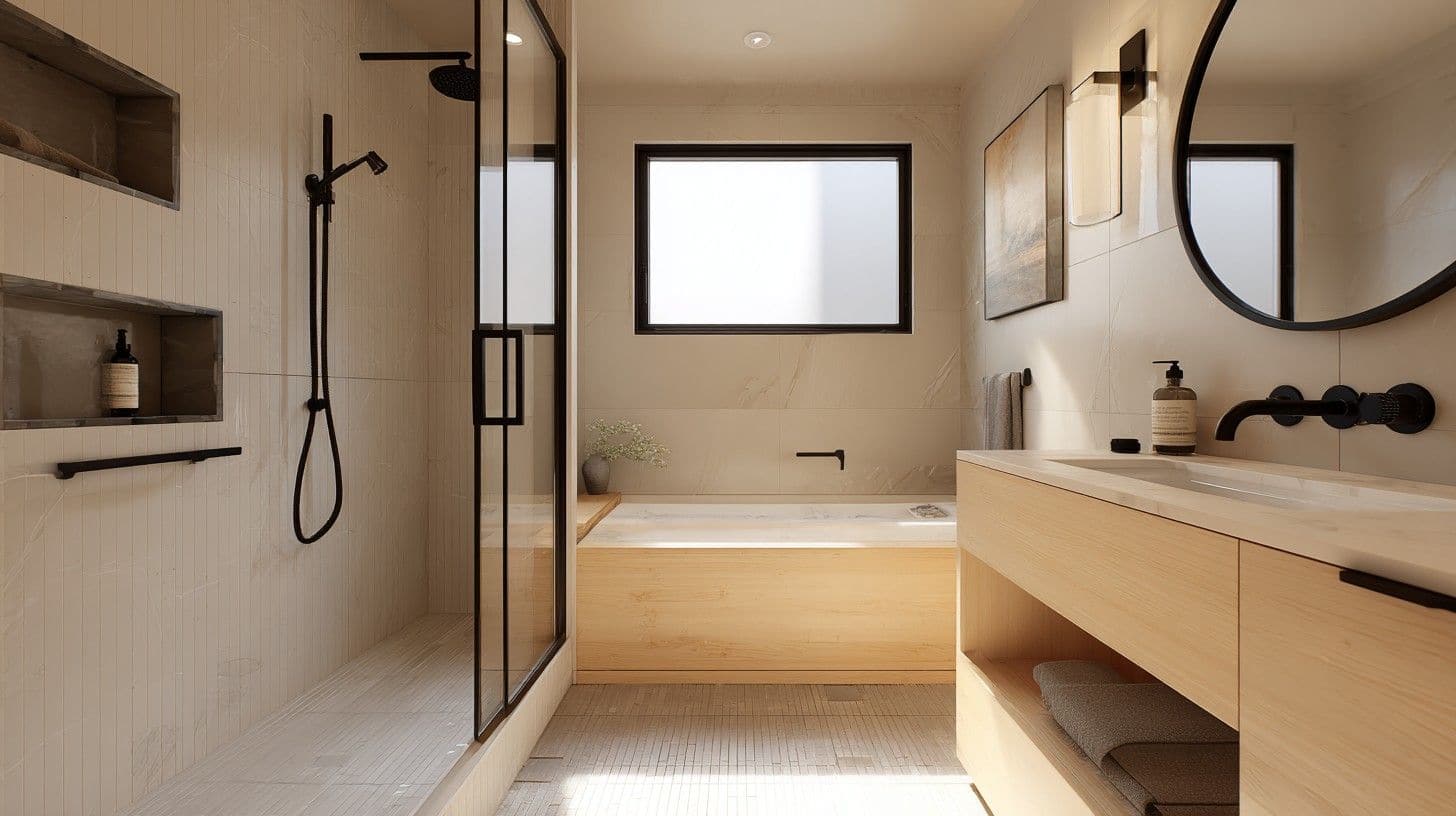 Japanese bathroom with black accents and neutral tones to add contrast.