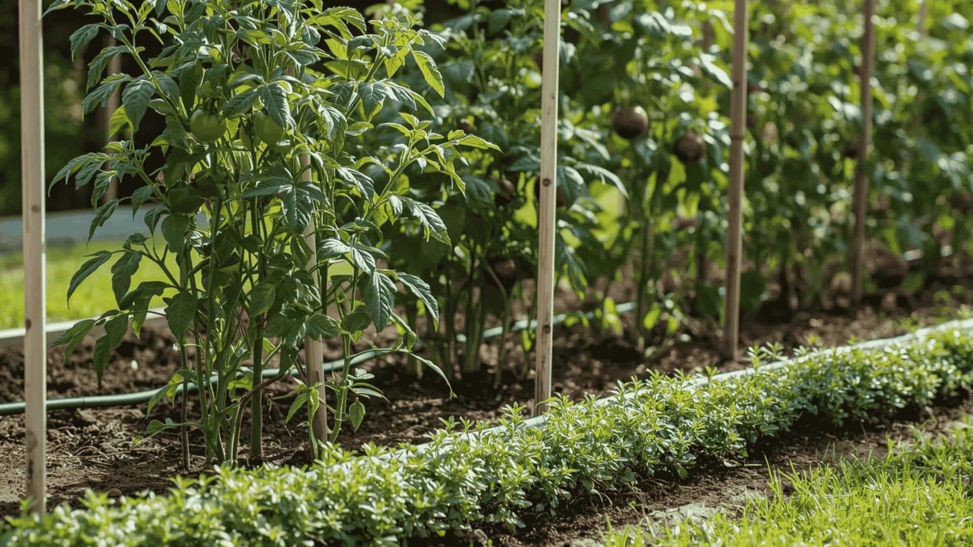 Oregano edging a sunny tomato bed
