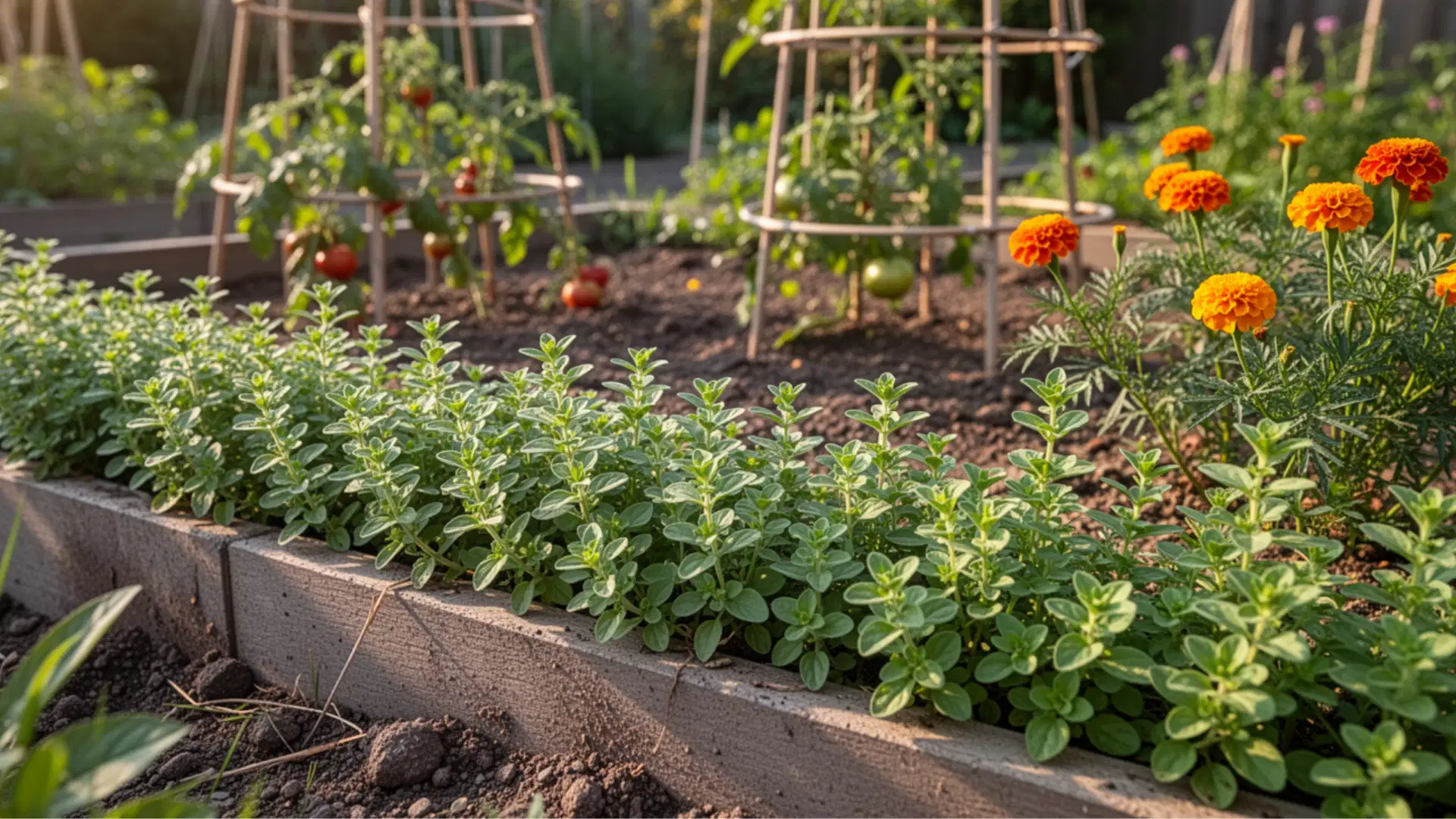 Oregano growing in raised beds along a path with companion plants in a sunny home garden.