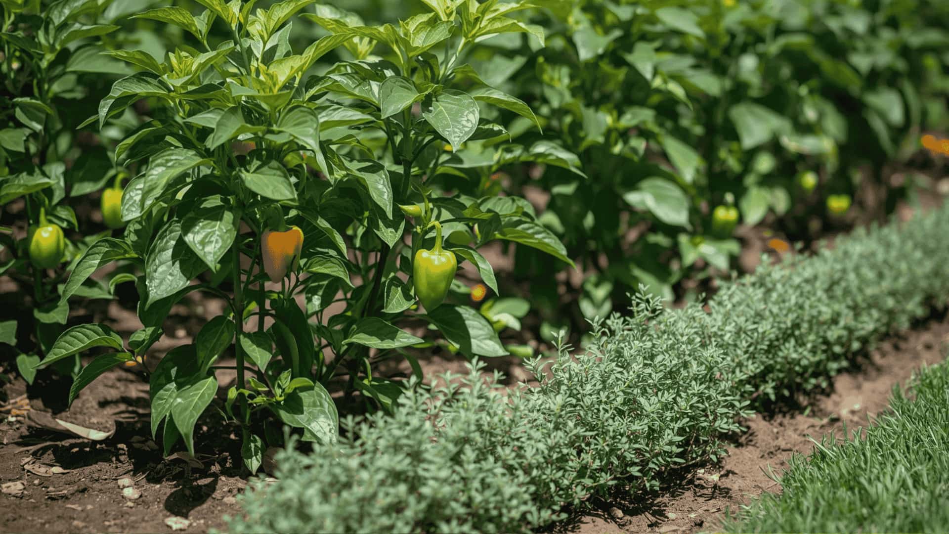 Oregano planted along the front of the pepper bed