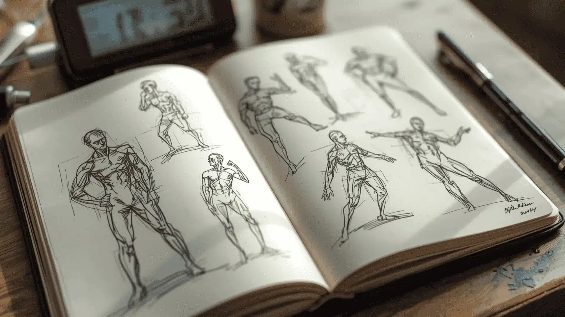 Page of quick figure gesture sketches with loose, energetic lines, timer blurred in the background