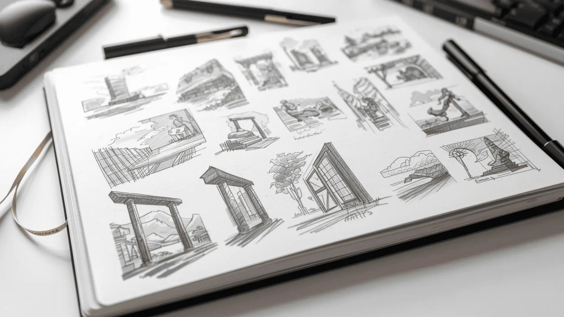 Page of small composition thumbnails with varied focal placement and leading shapes, one option emphasized