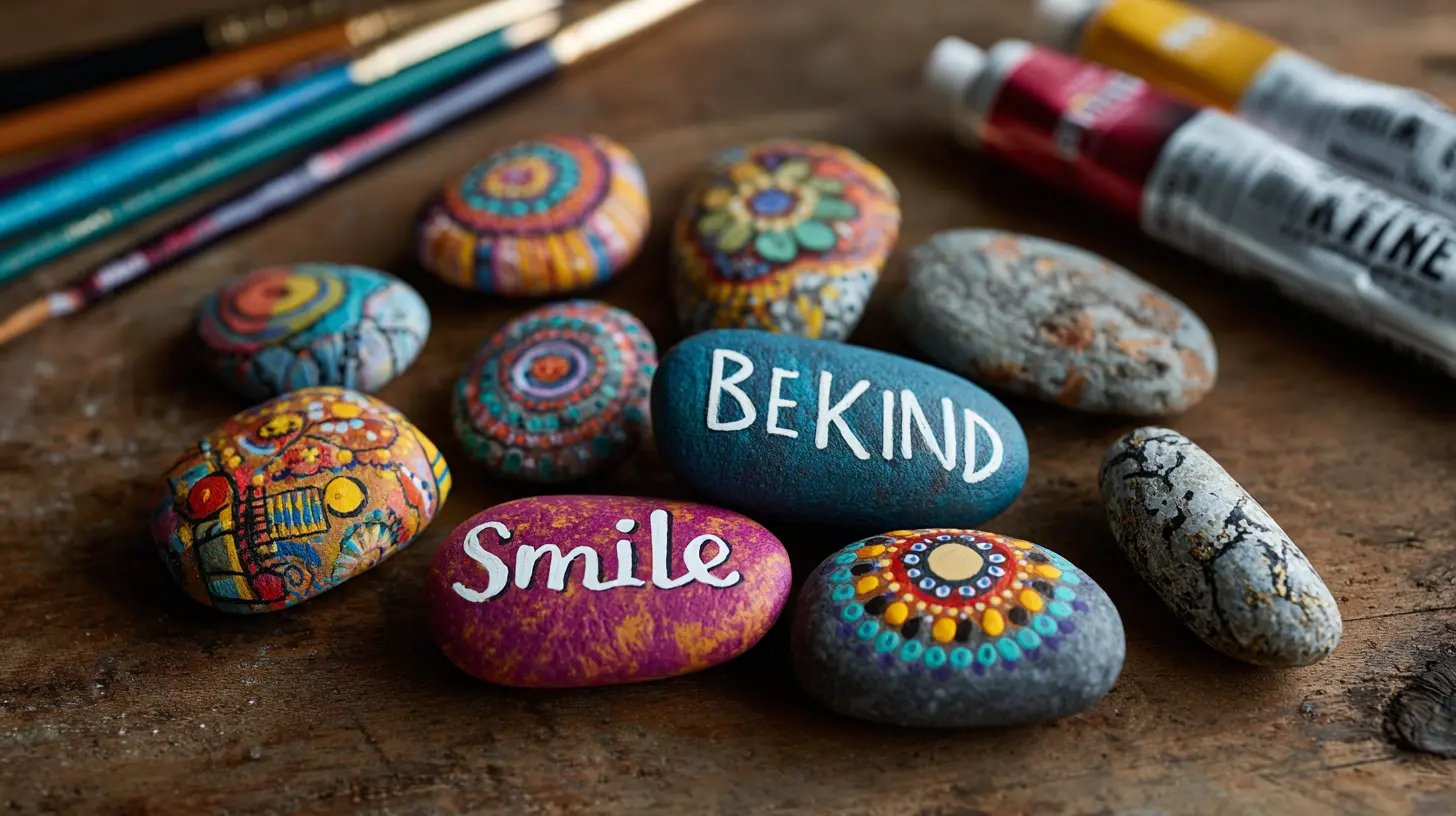 Painted kindness rocks with colourful designs and positive messages on a table with paint supplies.