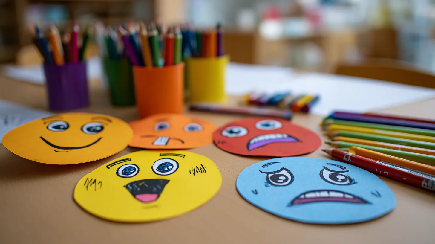 Paper emotion faces with colourful expressions placed on a table.