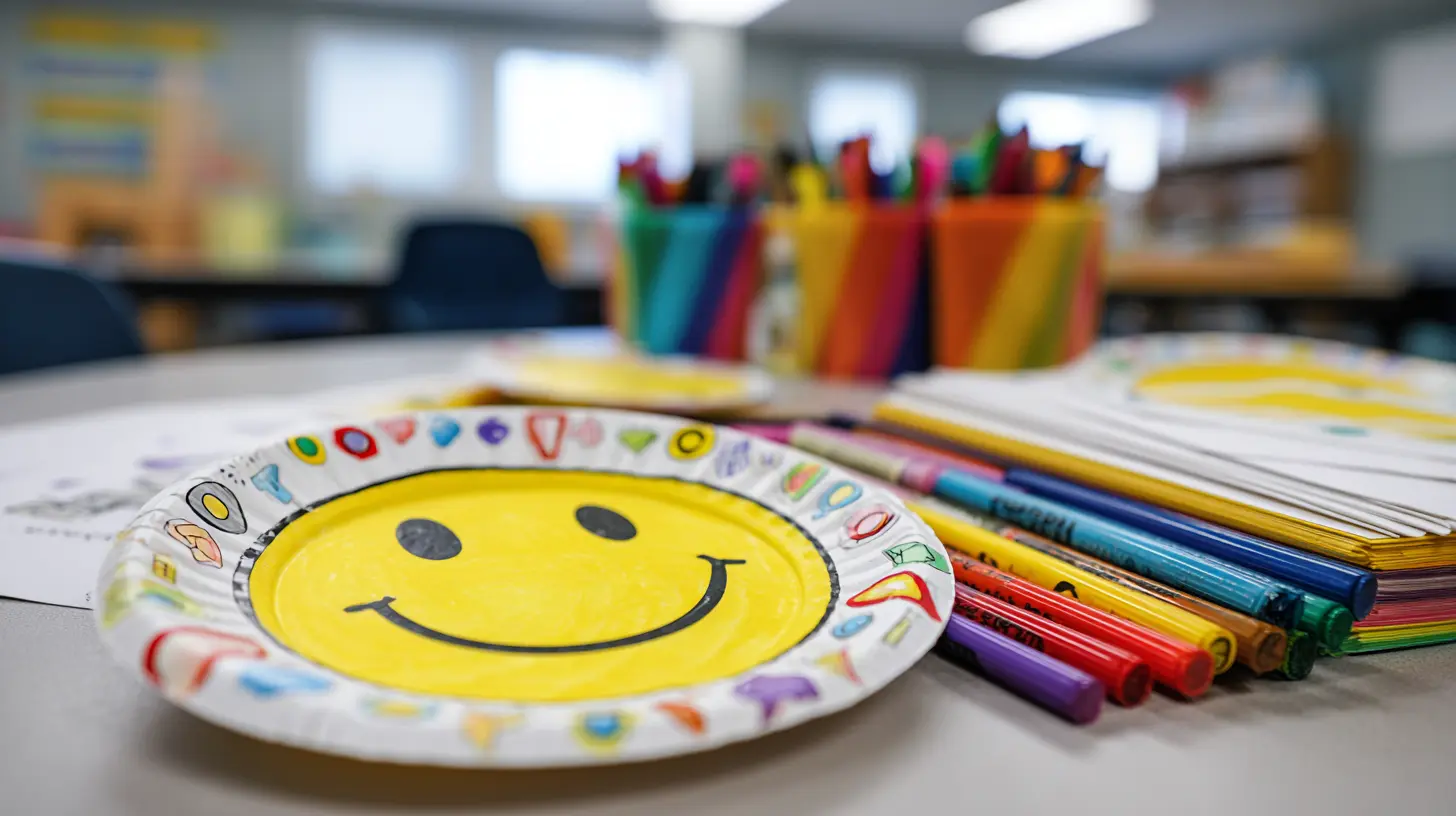 Paper plate smiley face crafts with colourful decorations on a table.