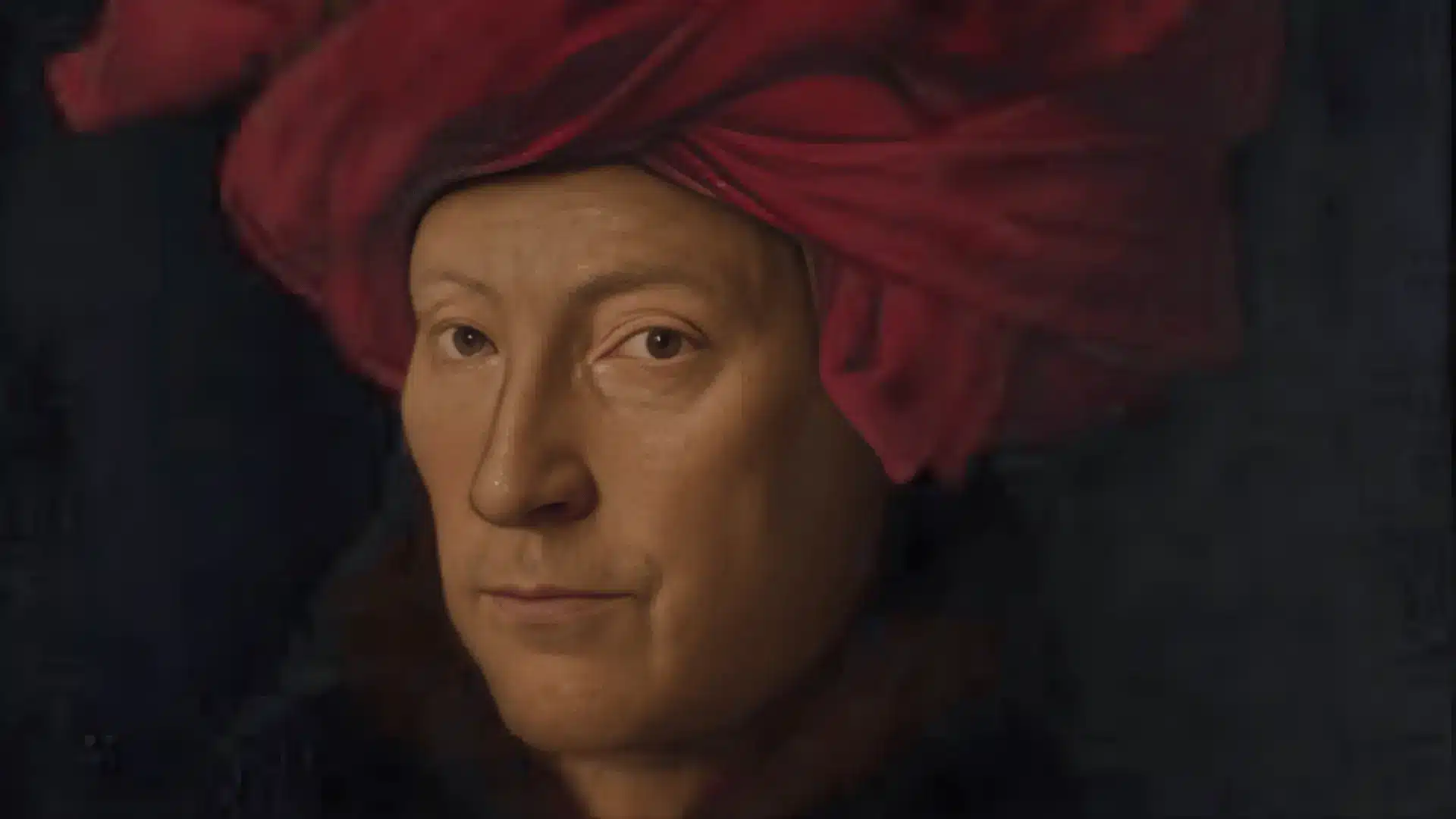 Portrait of a man in a red turban, an early Netherlandish work by Van Eyck, known for its photorealistic qualities.