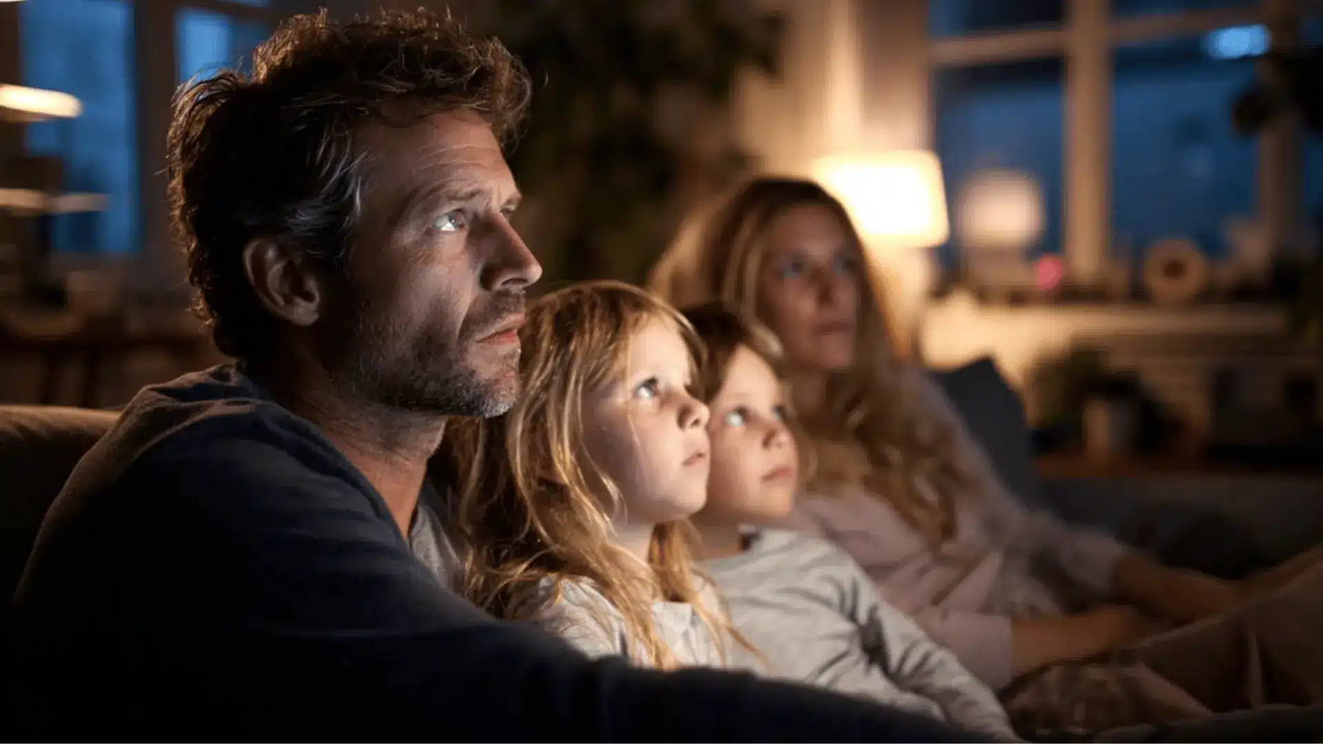 parents watching television with their kids, with a concerned look on their faces