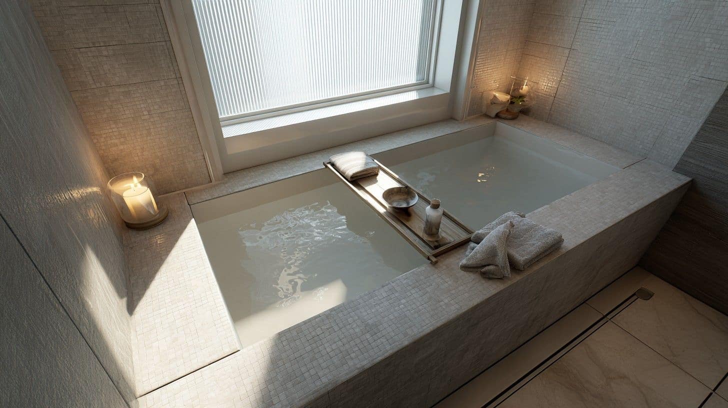 Minimal bath tray on soaking tub in Japanese bathroom.