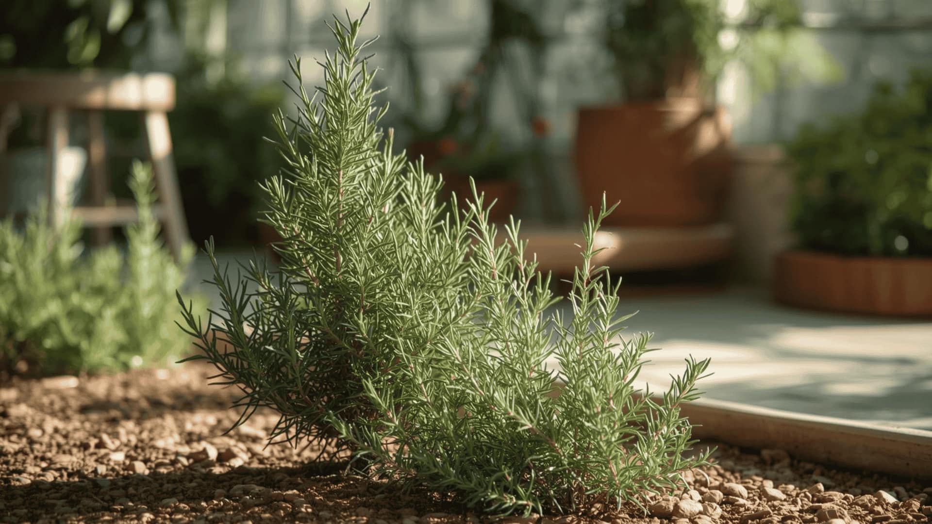Rosemary is growing in a sunny bed