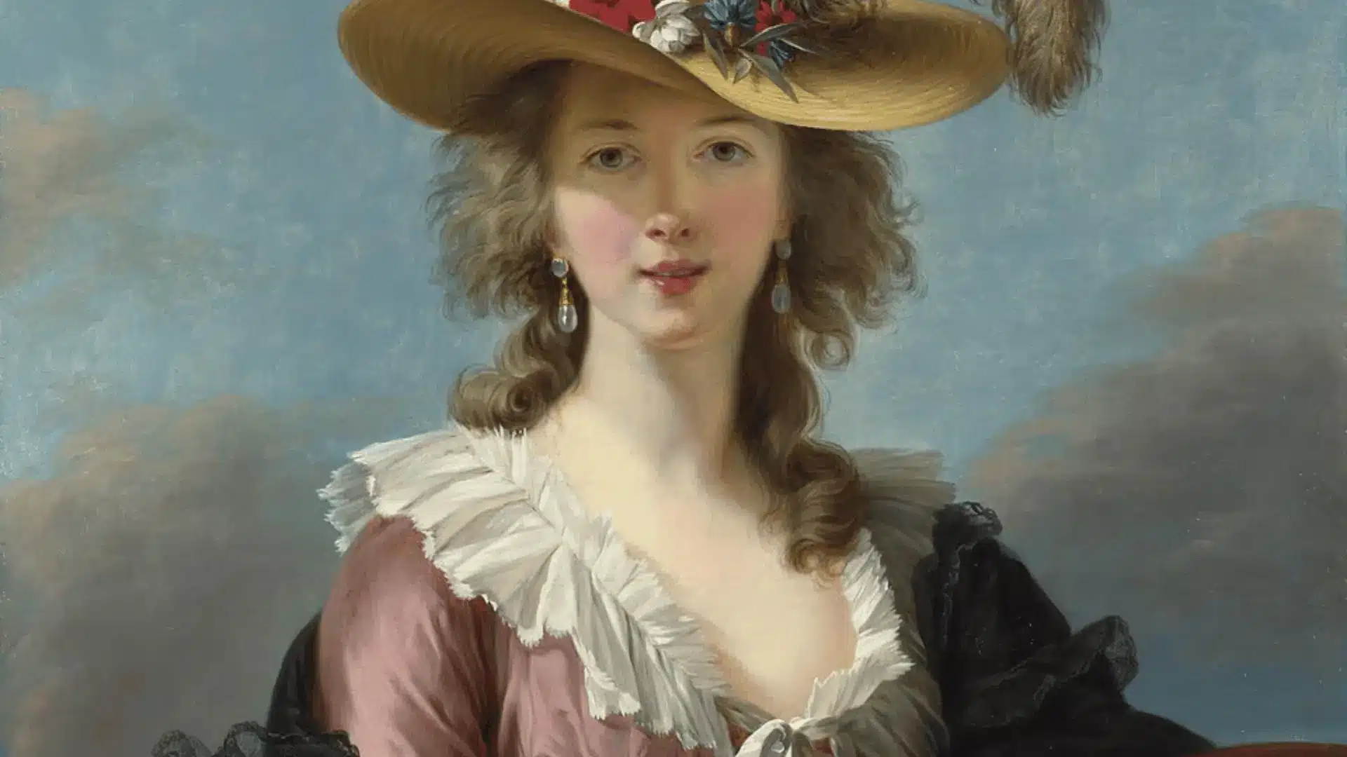 Self-portrait of Élisabeth Vigée Le Brun in a straw hat with ribbon, pearl earrings, and sky behind.