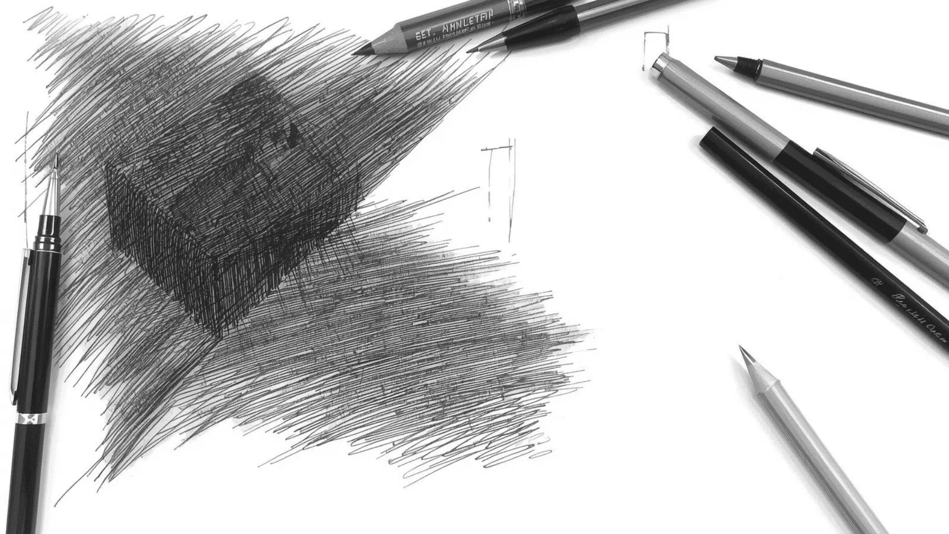 Sketch combining graphite shading with ink linework, pen, and pencils nearby on a modern desk setup