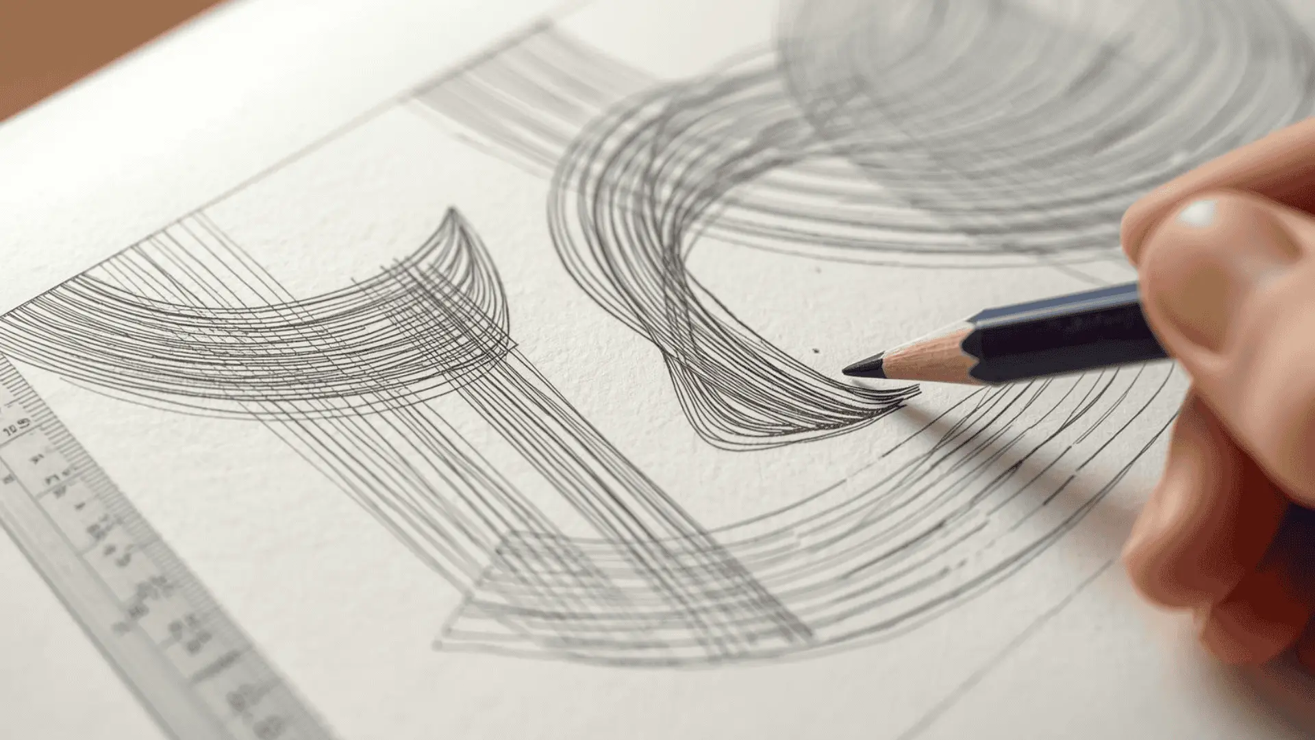Sketchbook filled with straight lines, curves, and thick to thin strokes, pencil in hand under natural light