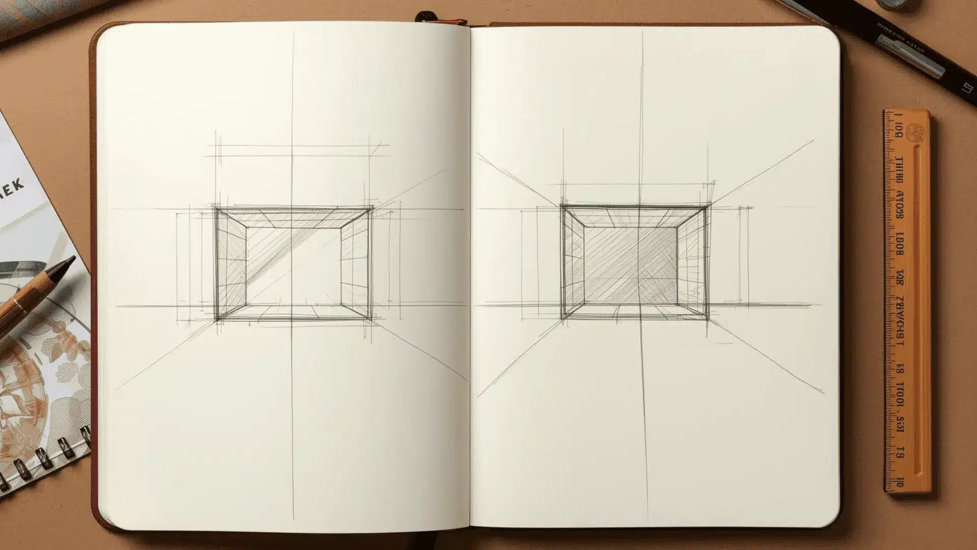 Sketchbook page of box forms in one-point and two-point perspective, ruler nearby on the desk