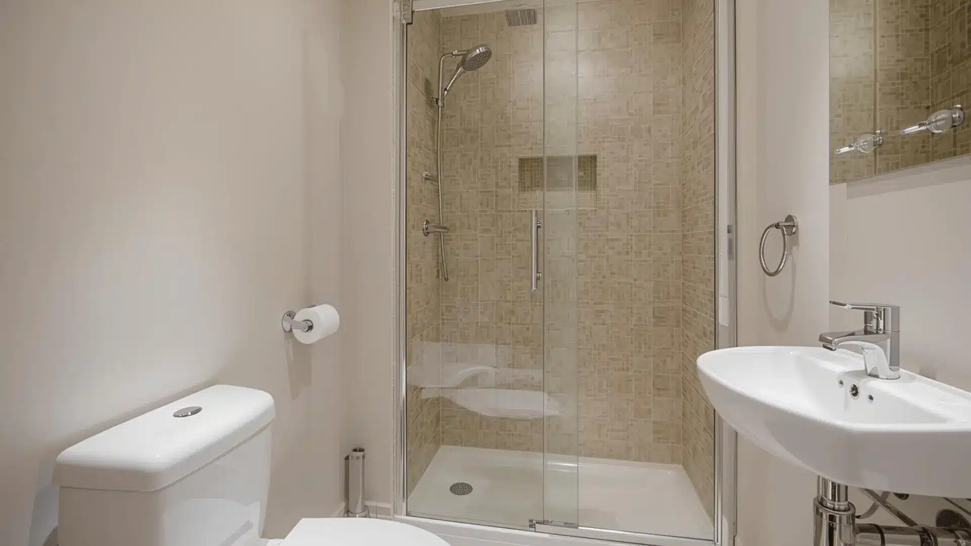  A small ensuite bathroom featuring a toilet, sink, and corner shower with wall-mounted fixtures for space efficiency