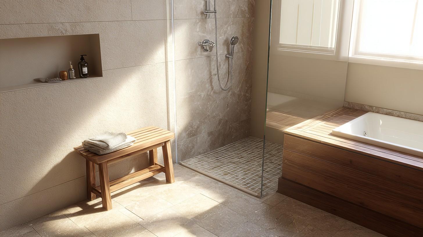 Japanese bathroom wash zone with a small stool spot.