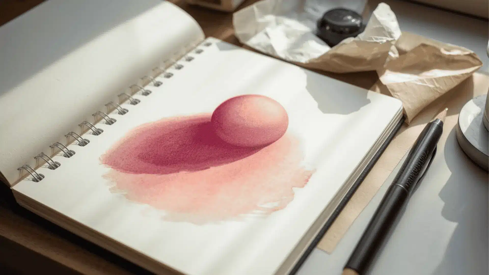 Smooth blended gradient and shaded sphere in sketchbook, blending stump and tissue placed on the desk