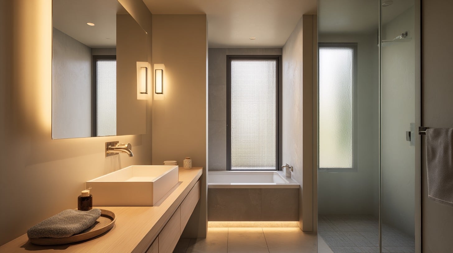 Japanese bathroom with soft layered ceiling and mirror lighting