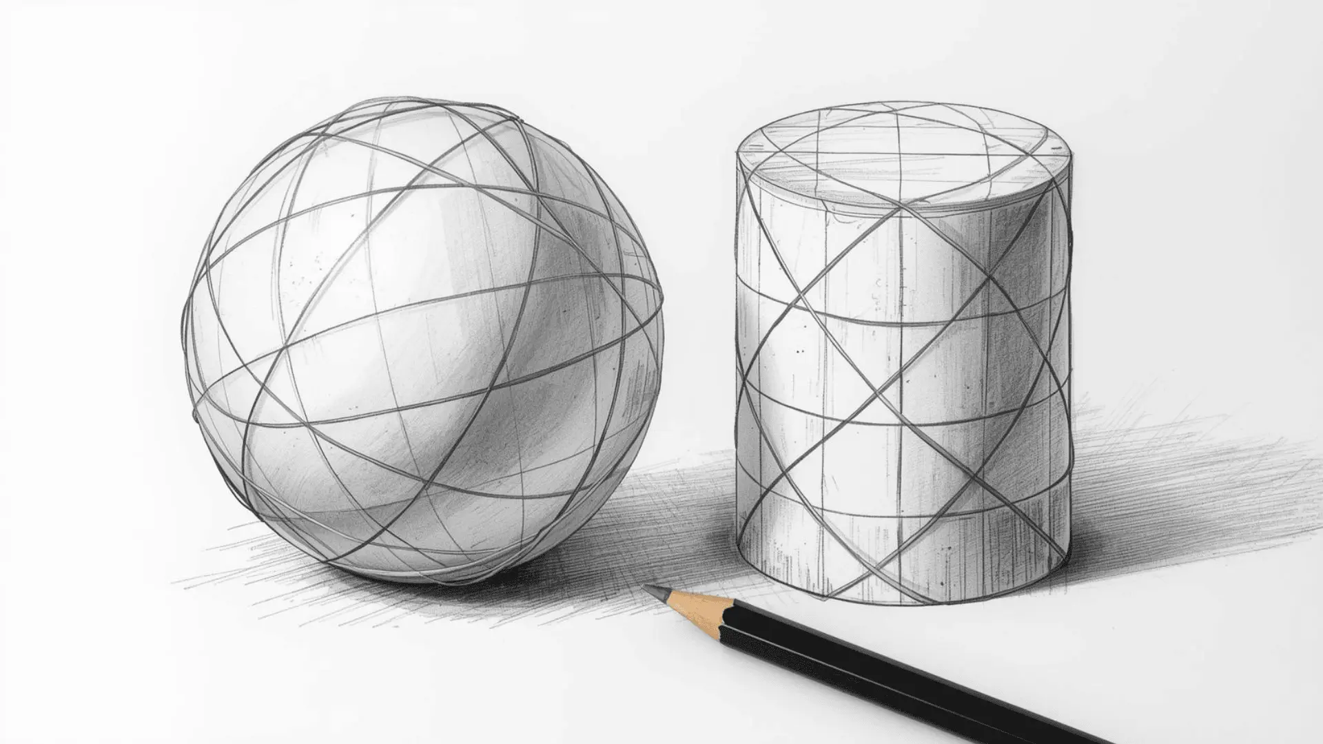 Sphere and cylinder covered with curved cross-contour lines wrapping around the form to show volume