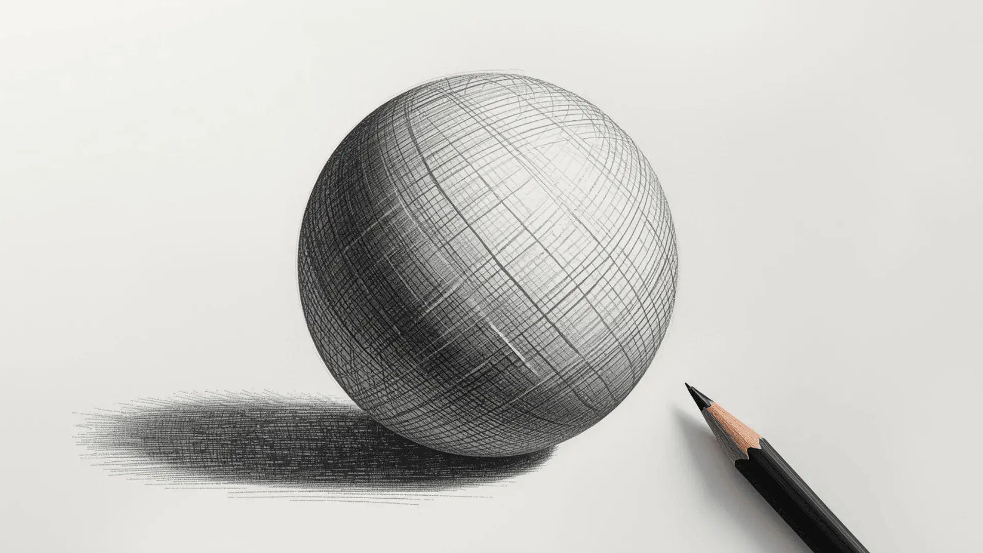 Sphere shaded using cross-hatching layers at different angles, darker shadow built with extra layers