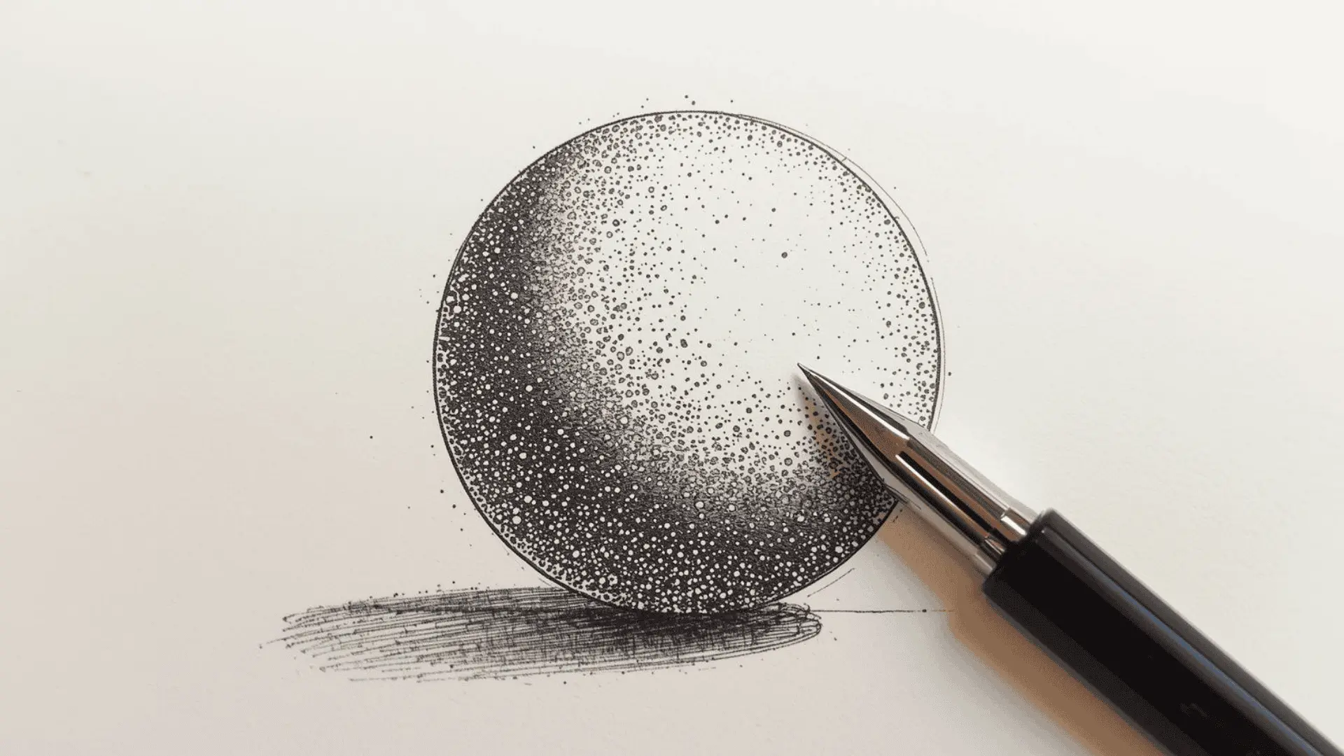 Stippled sphere made with dense and sparse dots for shadow and highlight, fine tip tool visible nearby