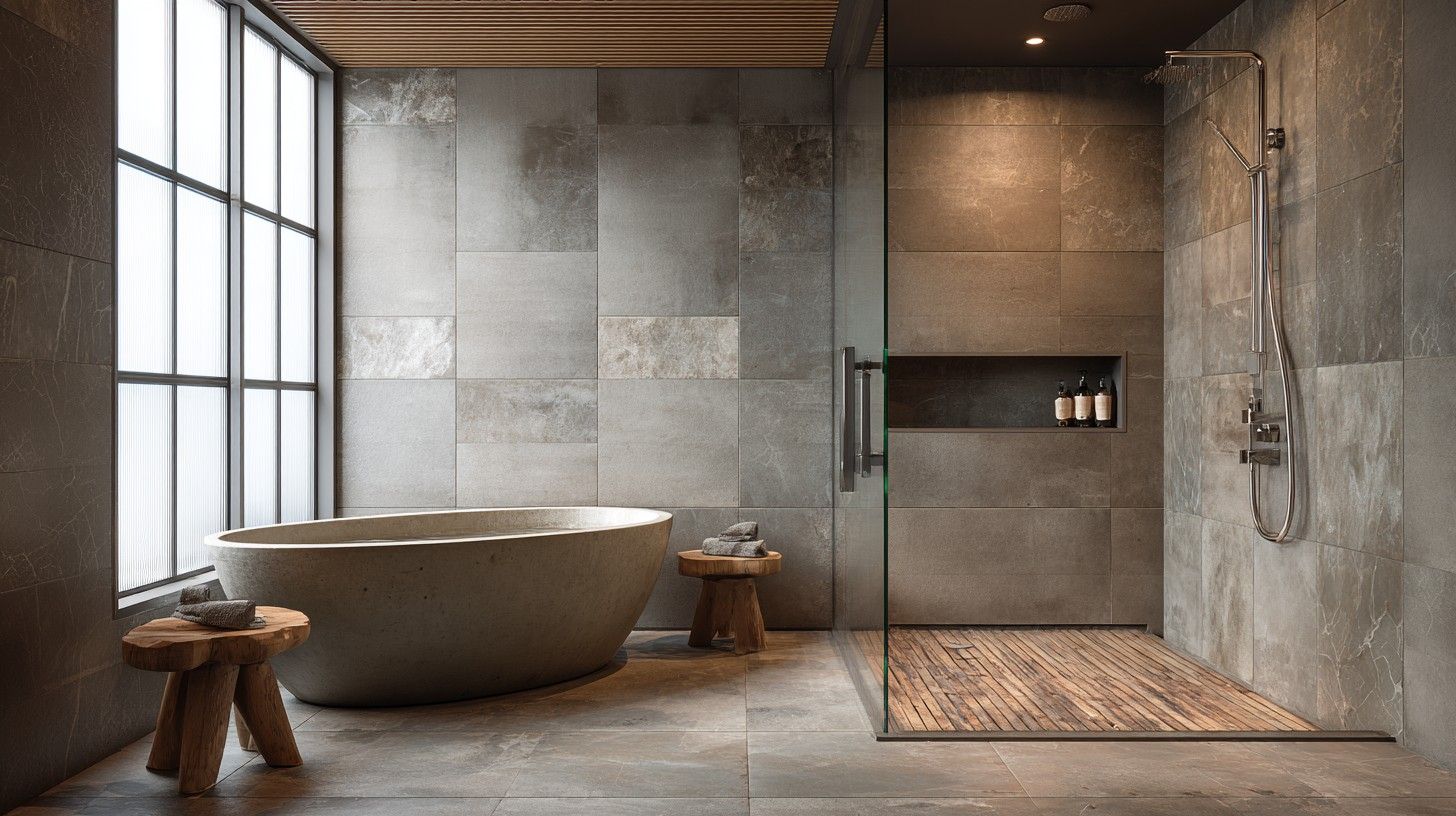 Matte concrete-look tile instead of Japanese glossy ones.