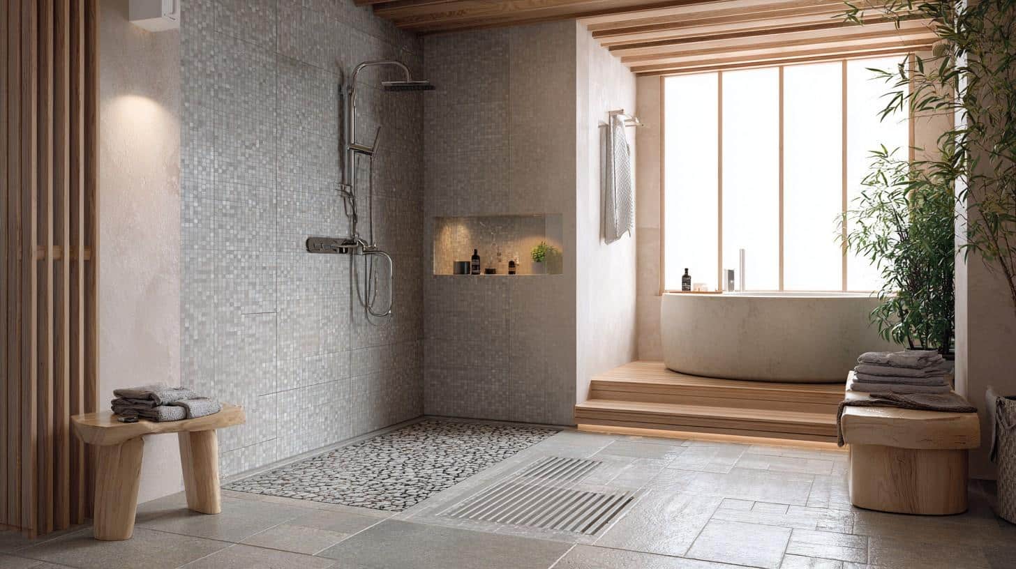 Textured slip-resistant shower floor in a Japanese wet room.