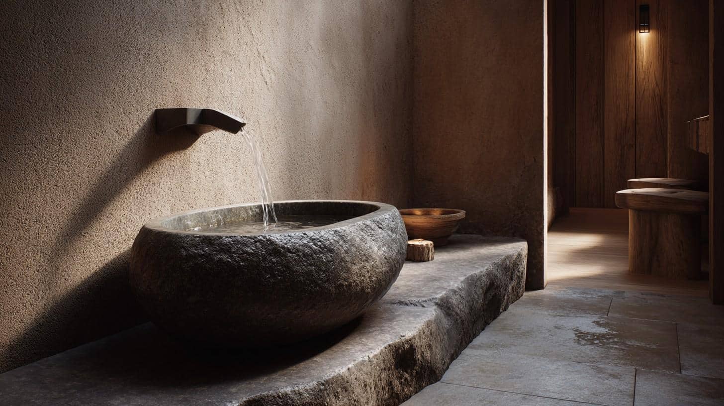 Japanese bathroom with a low stone basin near the wet area and natural wood accents
