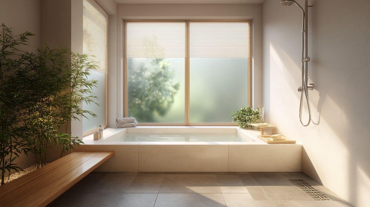 Soaking tub facing a frosted window with greenery for view as well as privacy.