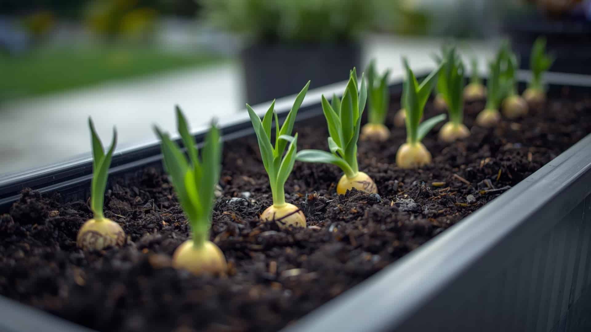 Tulip Bulbs Sprouting In A Planter Box