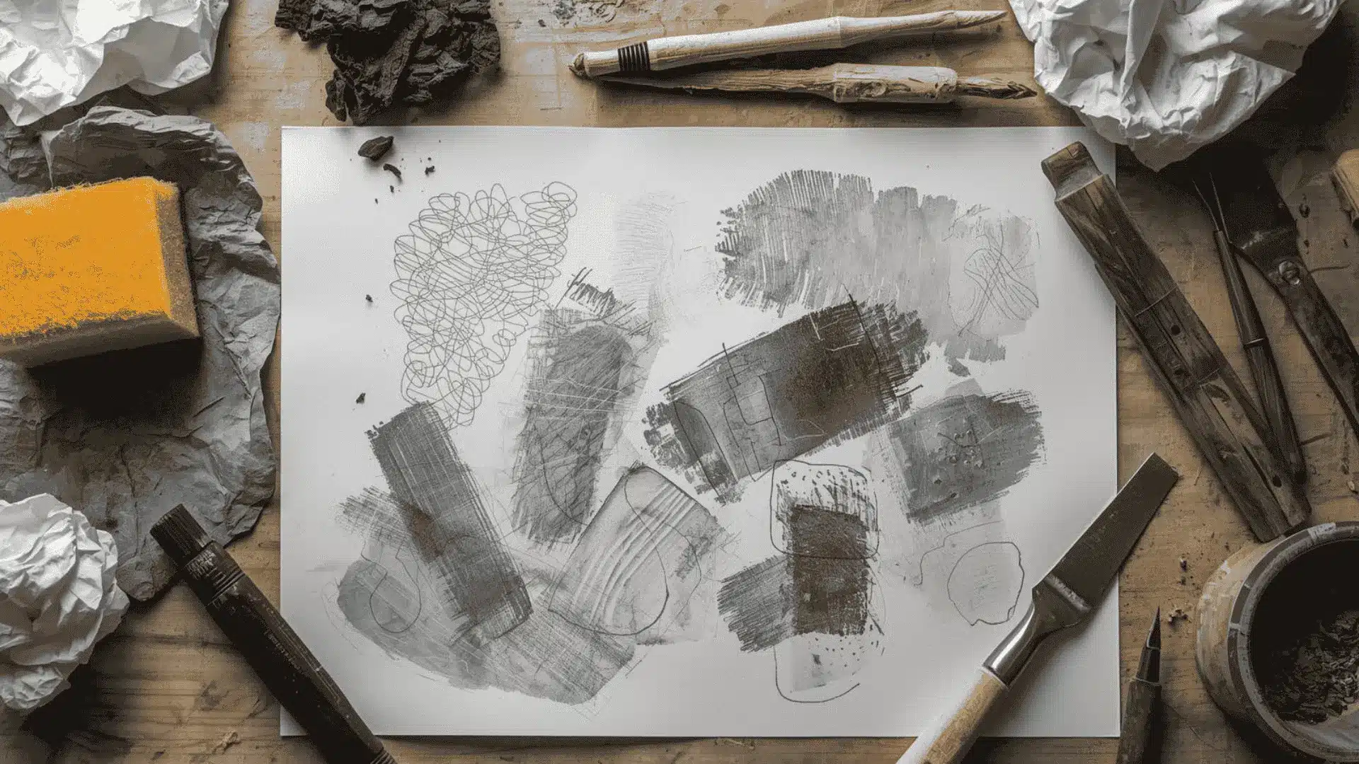 Unusual tools like a sponge and a stick beside a sheet of varied charcoal marks and textures on a desk