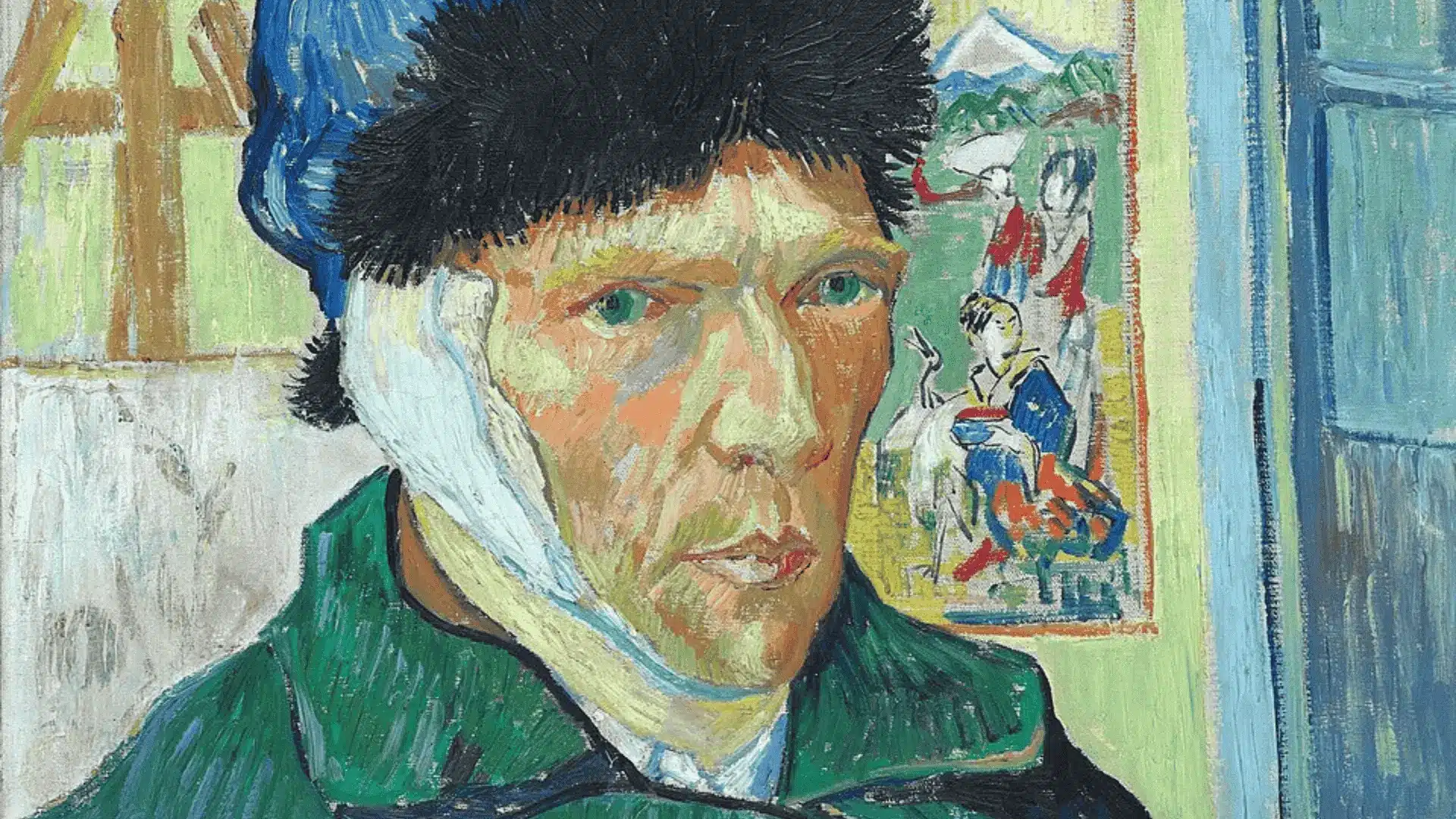 Vincent van Gogh’s self-portrait features a man with a bandaged head with vivid colors and swirling lines.