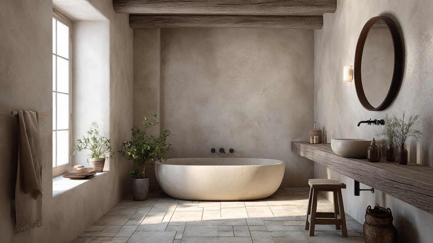 White bathtub with clay-colored walls, wood vanity, and simple green plants