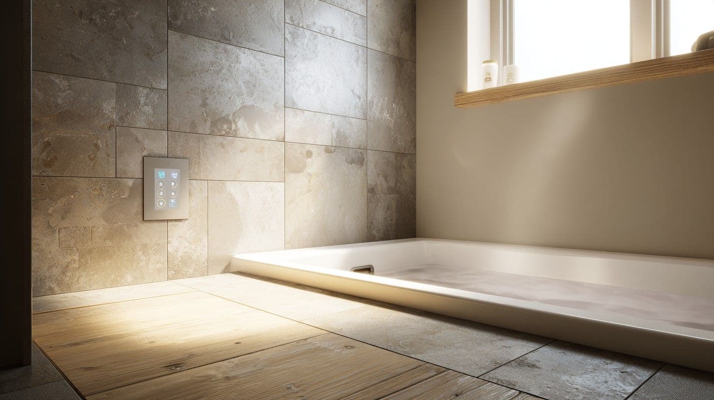 Wall-mounted bath control panel beside soaking tub that sets the temperature, schedules the fill, and reheats the water.