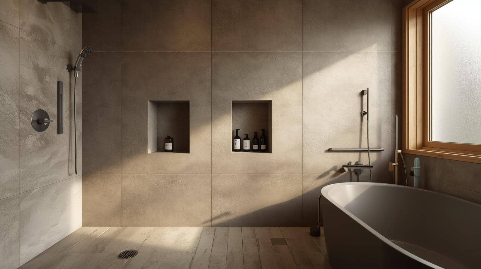 Wet-room bathroom with a center drain to dry out fast.