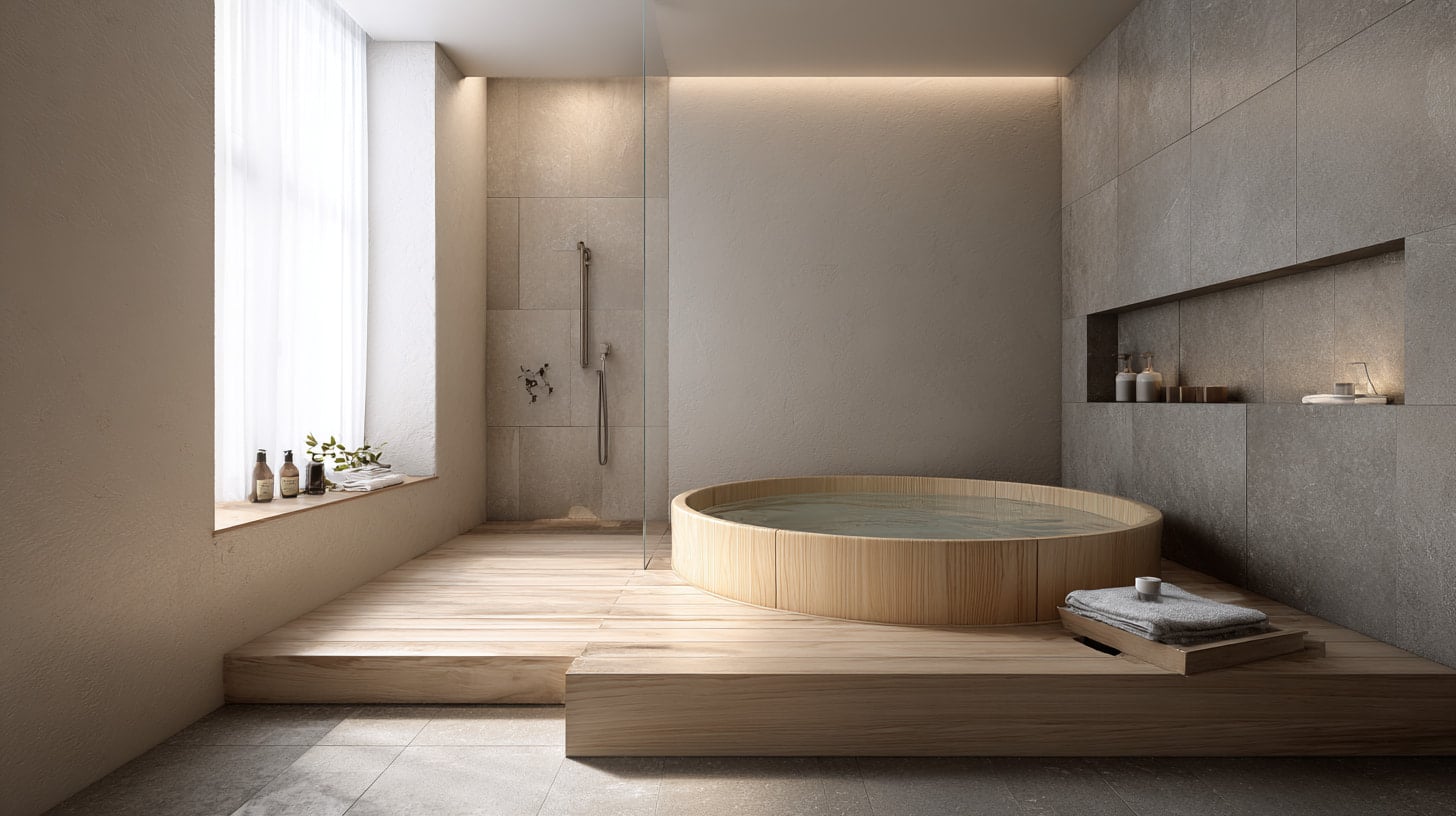 Wood-tone tub platform makes the area feel more defined.