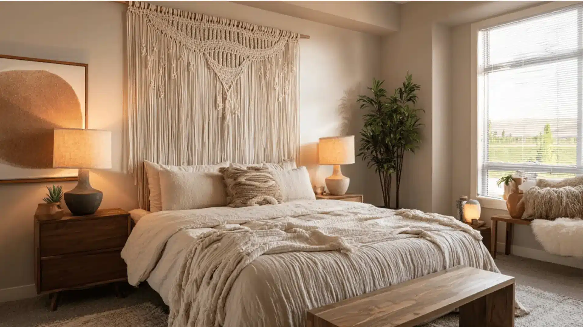 a bedroom featuring a large macramé piece above the bed.