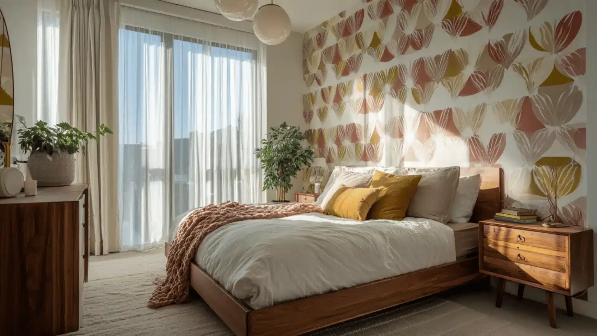 a bedroom with bold 70s wallpaper behind the bed.