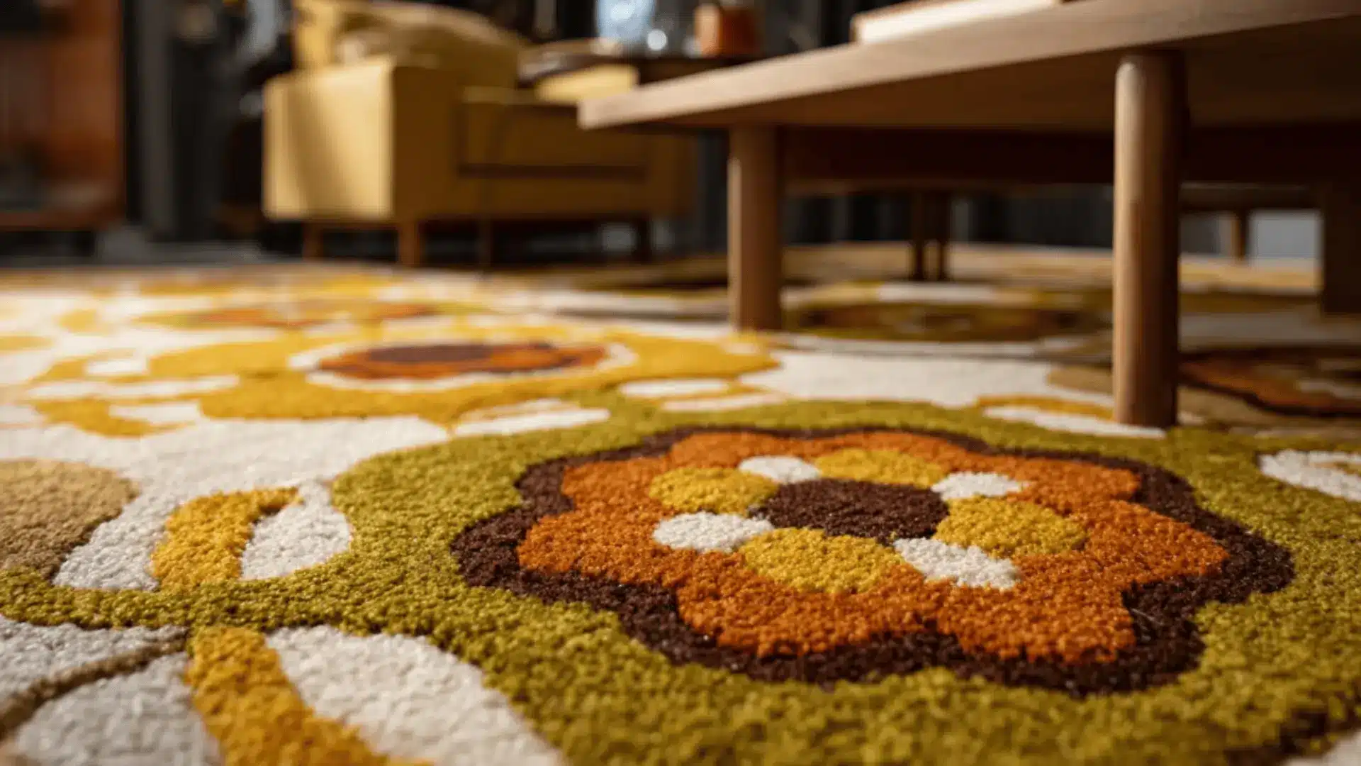 a bold 70s geometric rug beneath a wooden coffee table.