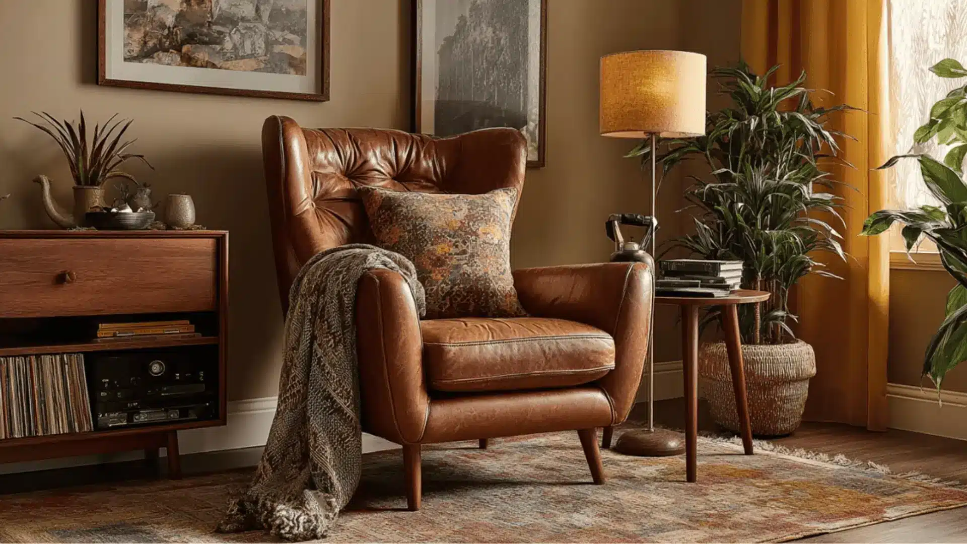 a cozy reading corner with a brown leather armchair and floor lamp.