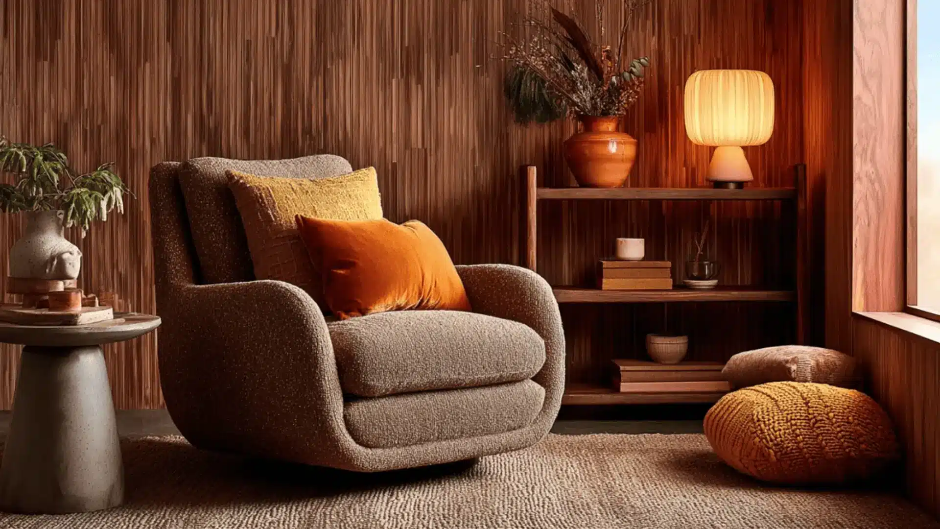 a cozy reading nook with brown tones and warm lighting.