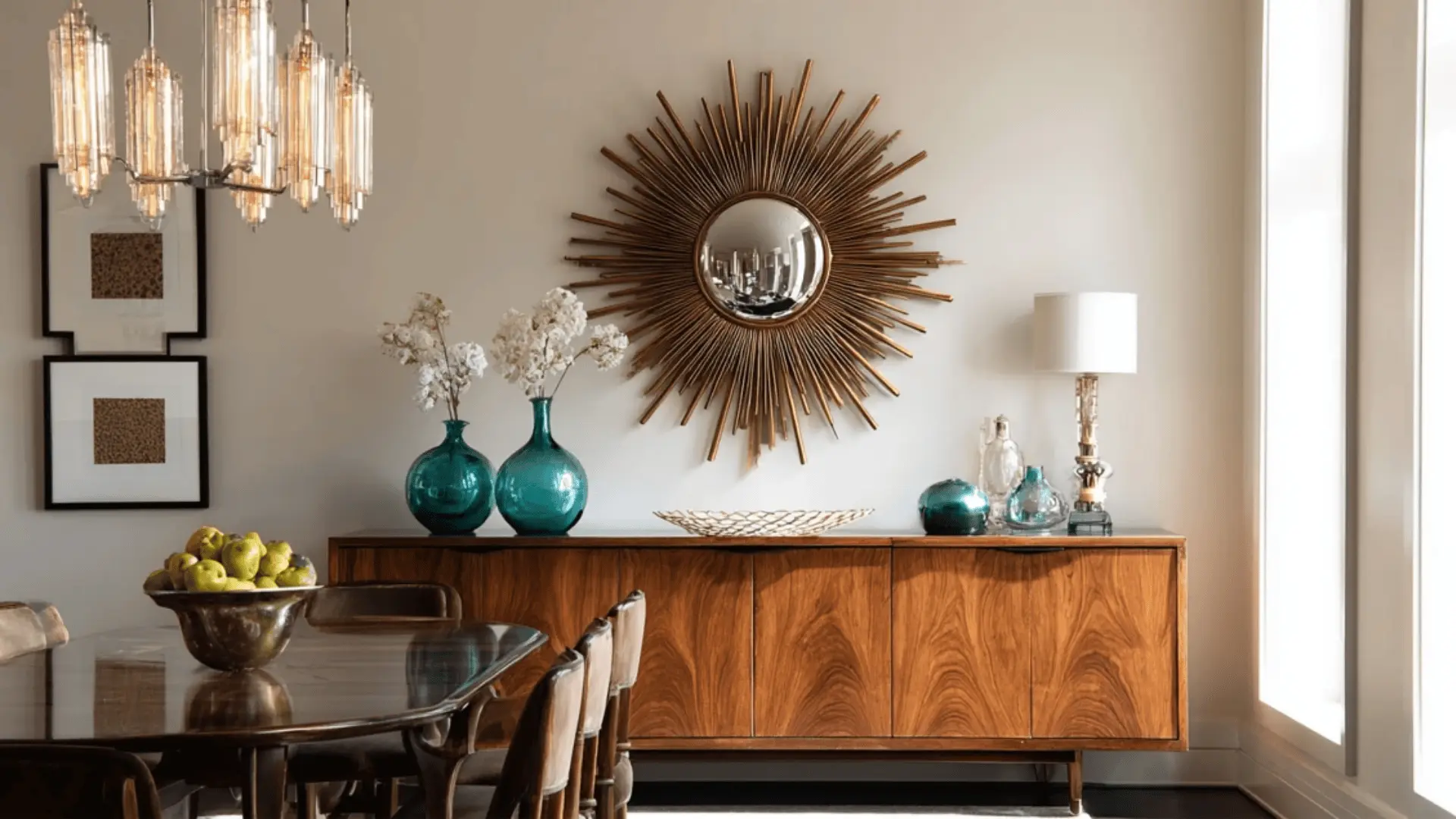 a dining room with a sunburst mirror above a wooden sideboard.