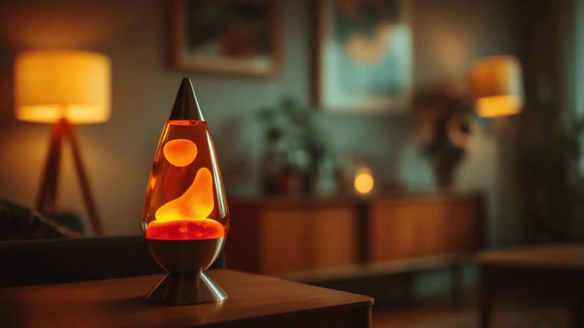 a glowing lava lamp casting warm light in a retro room.