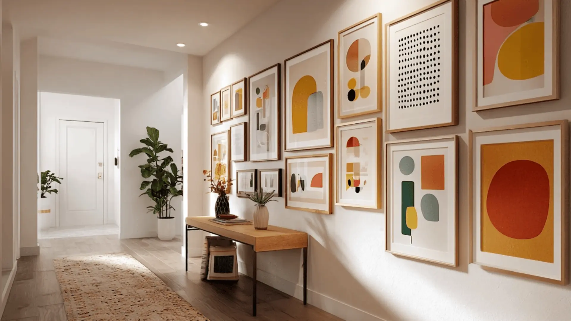 a hallway with bold geometric and abstract framed prints.