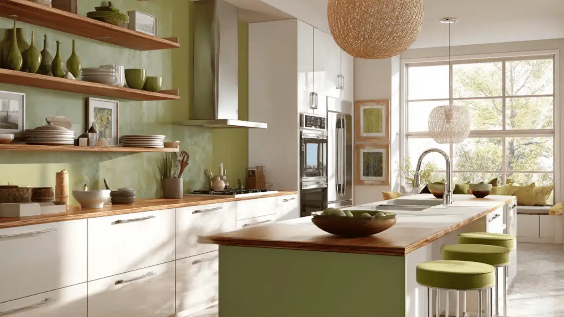 a kitchen with subtle avocado green decor and warm wood tones.