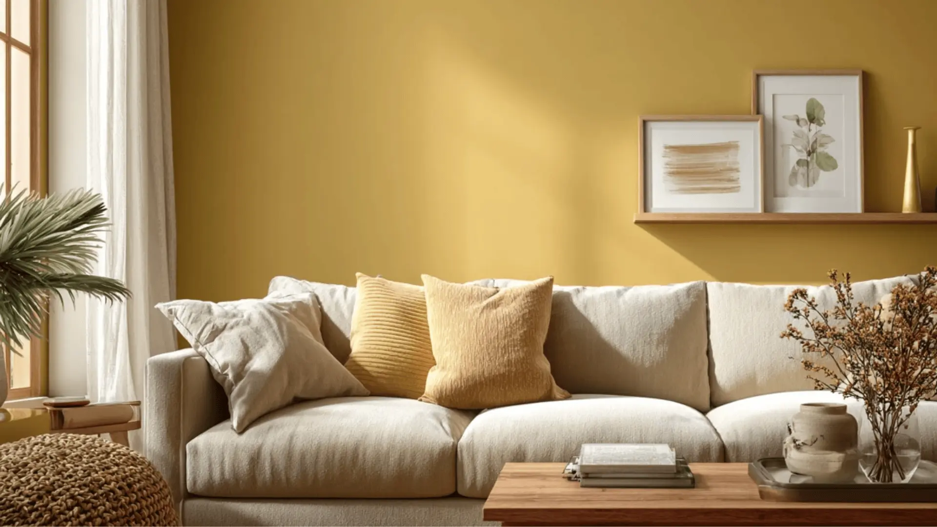 a living room with a bold mustard accent wall and neutral seating.