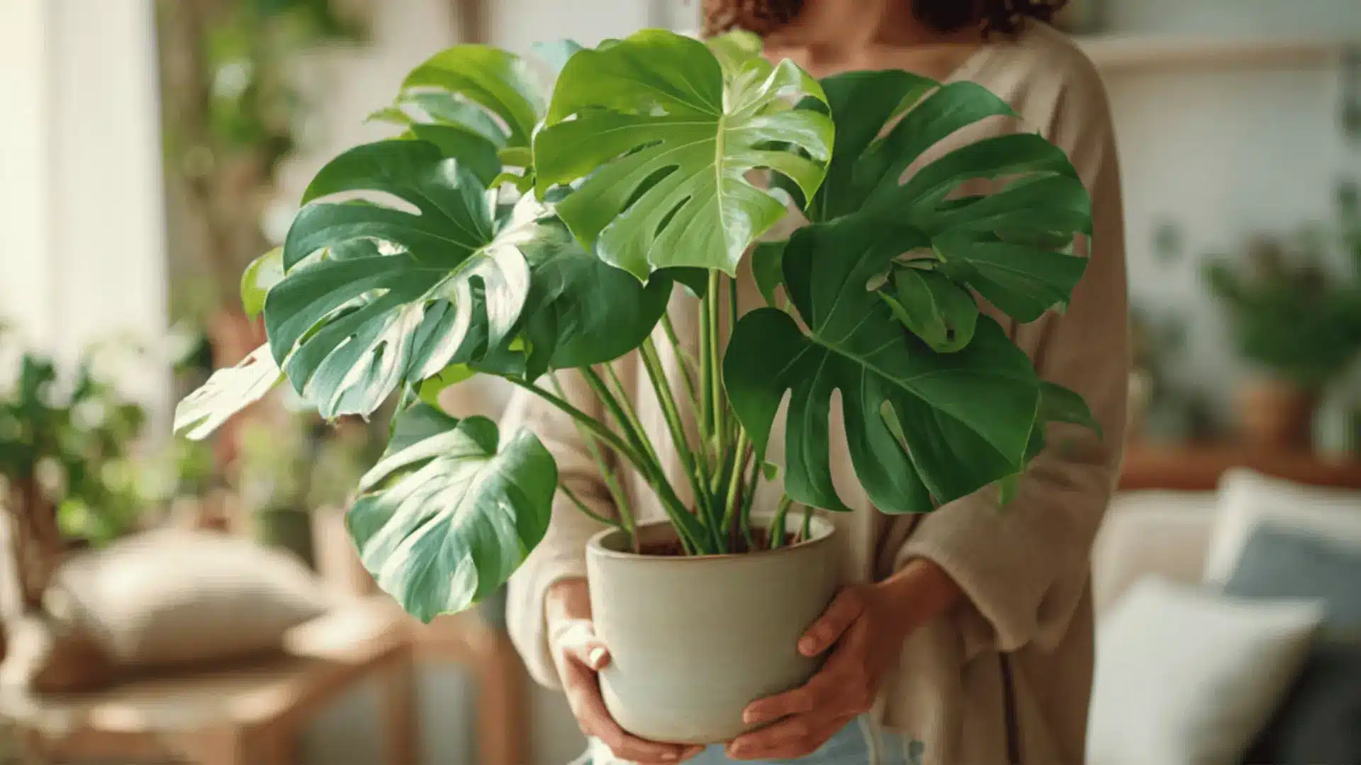 a person holding their monstera plant