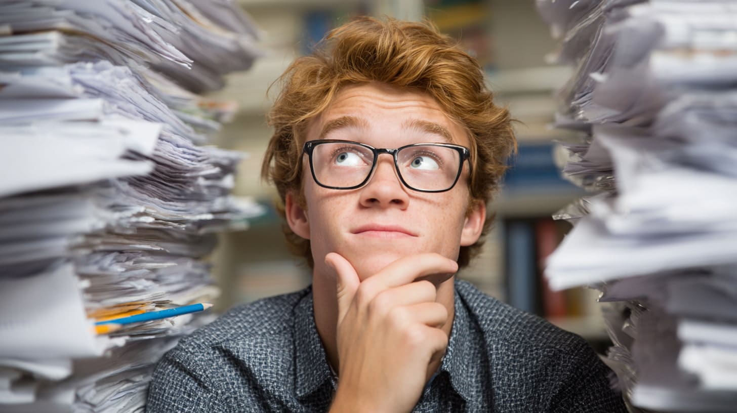 a person thinking, sitting between the pile of papers