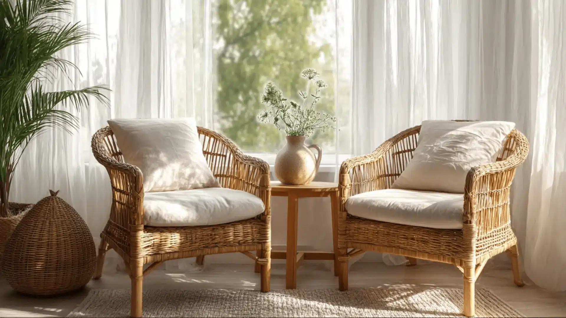 a room with rattan chairs and neutral cushions in warm natural light.